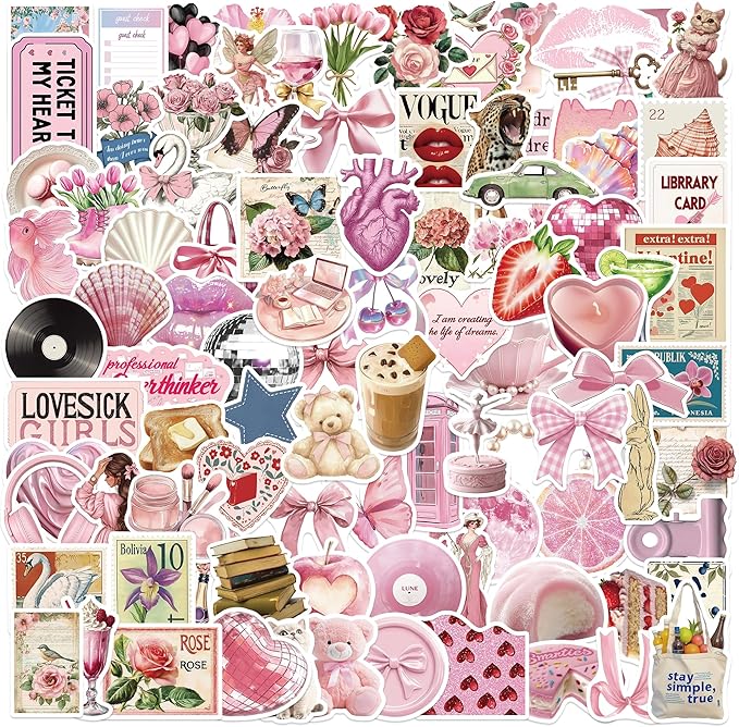100pcs vintage pink girls stickers coquette pink aesthetic stickers for water bottles,laptop scrapbook waterproof computer phone guitar aesthetic decals