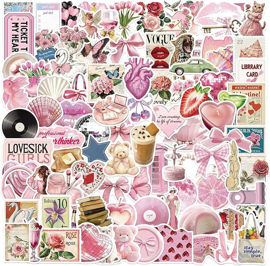 100pcs vintage pink girls stickers coquette pink aesthetic stickers for water bottles,laptop scrapbook waterproof computer phone guitar aesthetic decals