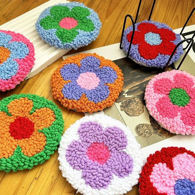 SEREDH Punch Needle Kit for Beginners Adults Easy Needle Punch Embroidery Set Including Threader Instruction Fabric Hoop Yarn Coaster DIY Making Kit Supplies,Set of 8 Flower Art Crafts Gifts