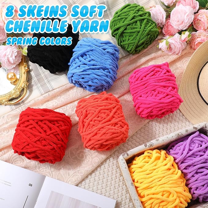 Buryeah Chunky Chenille Yarn for Crocheting Soft Thick Fluffy Yarn for Hand Knitting Bulky Velvet Blanket Plush for Weaving DIY Crafts Each 3.5 oz 55 Yards(Spring Colors,8 Pack)