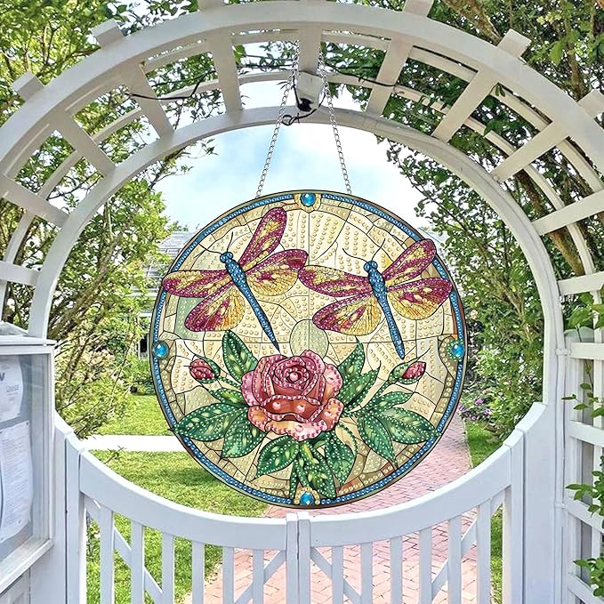 Wergund 5D DIY Dragonfly Diamond Art Hanging Kits, Hanging Diamond Art Rose, Acrylic Special Shaped Rhinestone, Window Hanging Pendants for Home Wall Garden Front Door Outdoor Decor Gift(Dragonfly)
