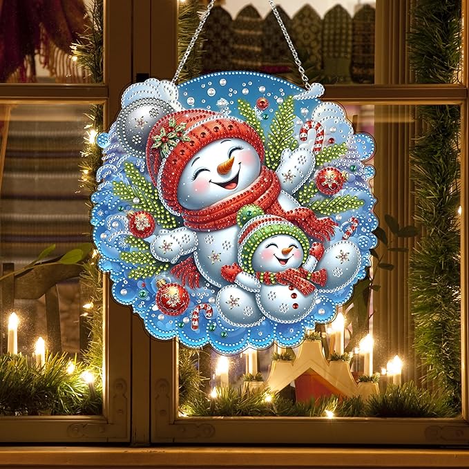 JJFox DIY Acrylic Diamond Art Painting Wreath Kits Special Shaped Rhinestone Diamond Art Window Pendants Home Garden Wall Hanging Kits Hanging Ornament (Christmas Snowman)