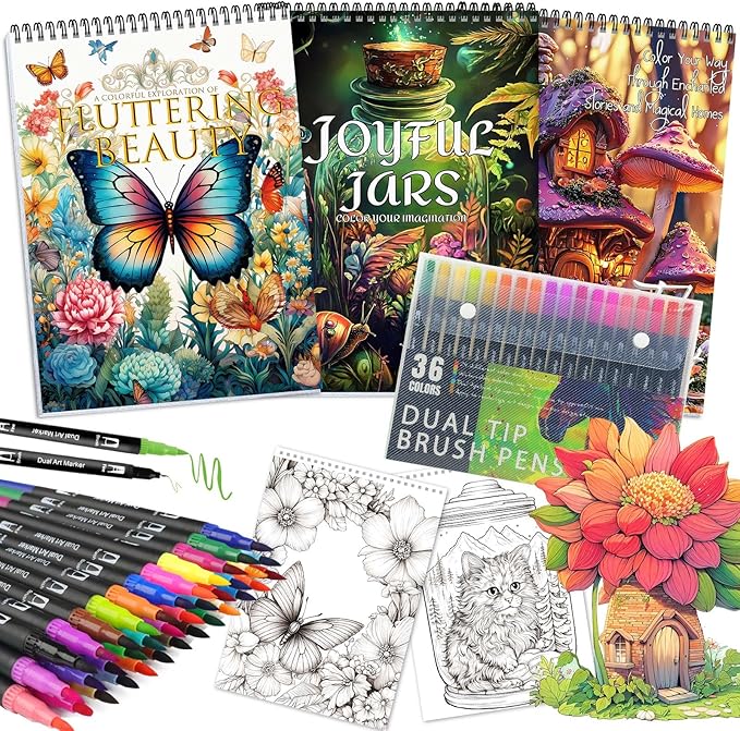 Coloring Books for Adults Relaxation, Stress Relief Coloring Book with 36 Dual Tip Markers, Spiral Coloring Book Set with 72 Patterns Include Magic & Butterfly & Jars, Arts and Crafts Gift for Women