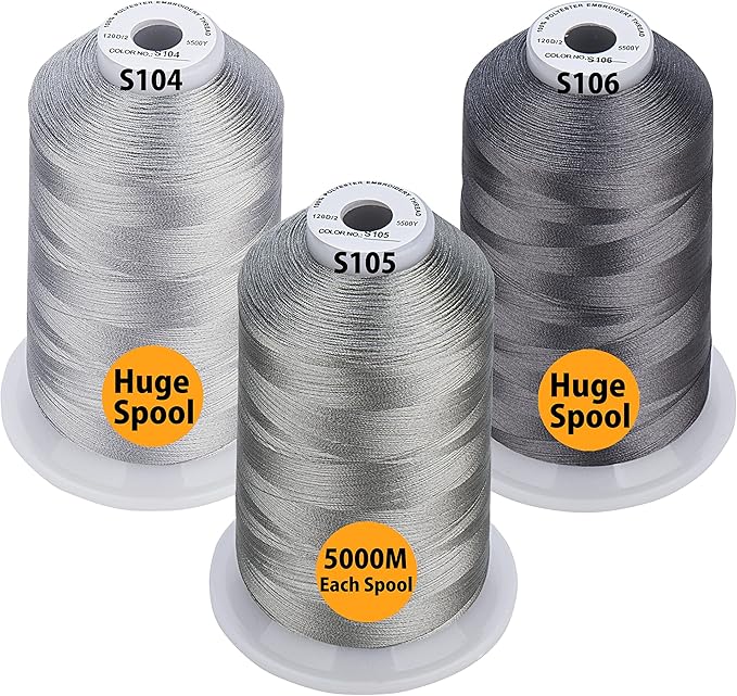 Simthread - 33 Selections - Various Assorted Color Packs of Polyester Embroidery Machine Thread Huge Spool 5500Y for All Sewing Embroidery Machines - 3 Different Gray Colors