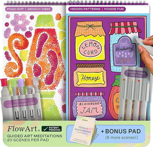 Lifelines FlowArt Activity Pads, 2-Pack & Bonus Pad - Guided Art Meditations - 2 Sets of Markers & 48 Scenes - Hidden Patterns & Pogo-Dot Coloring Books for Tweens, Adults & Seniors