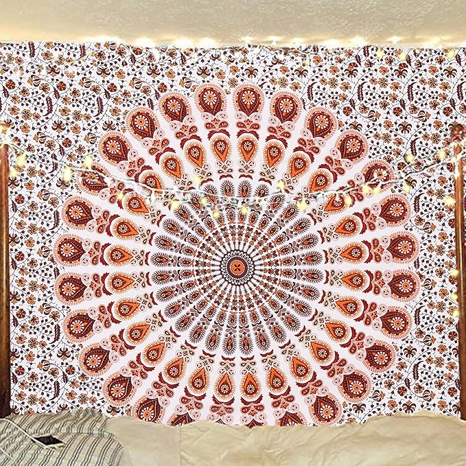 bless international handmade indian hippie bohemian psychedelic peacock mandala wall hanging college dorm beach throws table cloth bedding tapestry (orange brown, poster(30x40inches)(76x101cms))