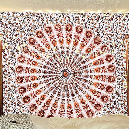 bless international handmade indian hippie bohemian psychedelic peacock mandala wall hanging college dorm beach throws table cloth bedding tapestry (orange brown, poster(30x40inches)(76x101cms))