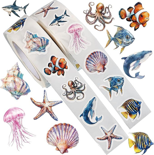 1000pcs ocean animal stickers roll, 2 rolls, 10 styles cartoon sea creature stickers, whales, octopus, sharks, jellyfish, clownfish, shells & fish decals for classroom rewards