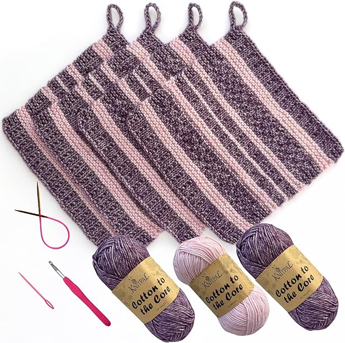 KnitPal Everyday Joy Knitting Kit – Make 4 Reusable Dishcloths for Confident Beginners – Cotton to The Core Yarn (#3 DK), Needles, Patterns & Video Tutorials (Plum Purple + Blush Pink)