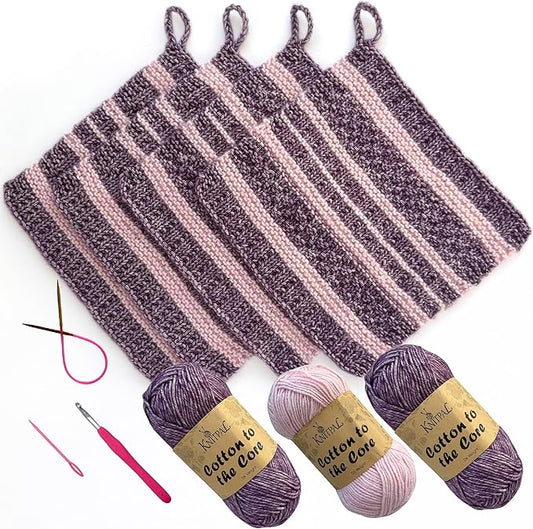 KnitPal Everyday Joy Knitting Kit – Make 4 Reusable Dishcloths for Confident Beginners – Cotton to The Core Yarn (#3 DK), Needles, Patterns & Video Tutorials (Plum Purple + Blush Pink)