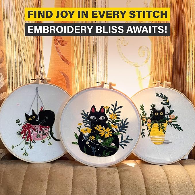 The ZenStore Embroidery Kit for Beginners – Black Cats & Kittens 3 Pattern Set – Complete DIY Needlepoint Kit with Hoops, Thread, Fabric, and Tools – Cute Animal Cat Embroidery Gift