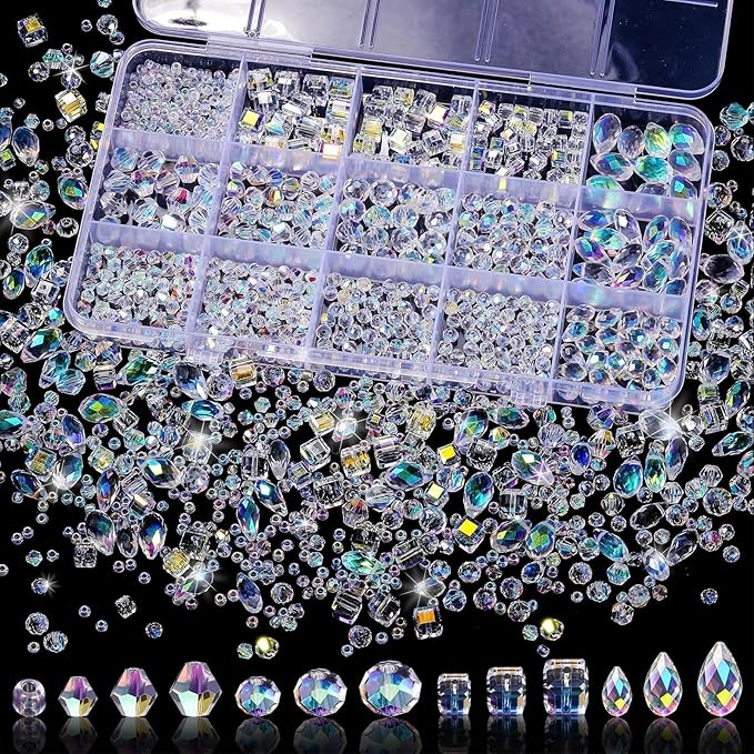 Song Xi 1500PCS Glass Beads for Jewelry Making, Assorted Faceted Crystal Beads Kit for Bracelet Earring Necklace, Horizontal Hole Crystal Teardrop for DIY Clear St. Patrick's Day Gift (AB White)