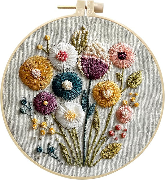 JJFox Embroidery Kit for Beginners and Adults, DIY Hand Embroidery Starter Kit with Cute Pattern, Cross Stitch Needlepoint Set with Hoop, Threads and Instructions (Flower)