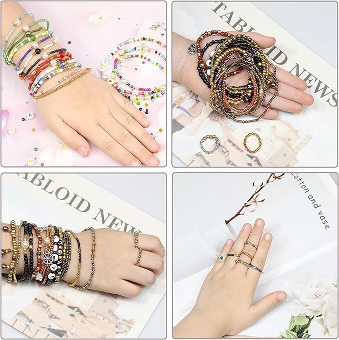 31200pcs Glass Seed Beads 48 Colors 2mm 12/0 Bracelet Beads for Jewelry Making Kit with Letter Alphabet Beads, 2 Rolls Elastic String Cord, Charms and Jump Rings for Jewelry Making（48 Colors）
