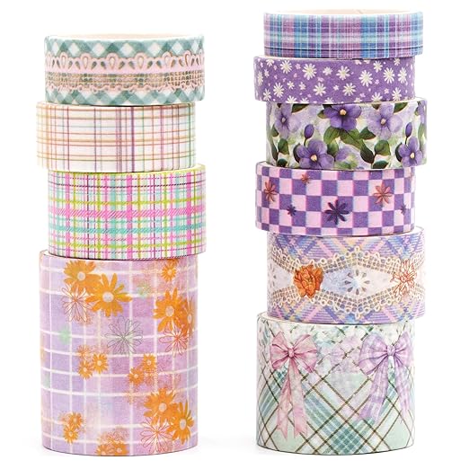 10 Rolls Vintage Floral Washi Tape Set Pastel Plaid Arts Adhesive Tapes Soft Colors Decorative Masking Tape Sets for Craft, Kids, Scrapbook, DIY, Gift Wrapping (Lavender Lace)
