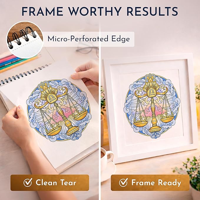 Premium Zodiac Mandala Coloring Book for Adults – 50 Astrology Designs – 180gsm Thick Bleed-Proof Paper, Spiral Bound Lay-Flat, Perforated – Frameable Art, Horoscope Gifts for Women, Star Signs
