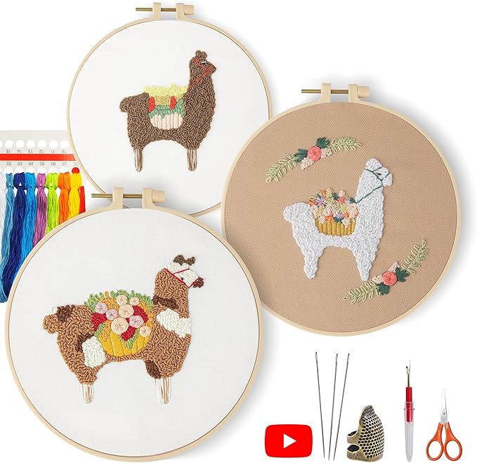 3 pack embroidery kit for beginners adults, adult starter cross stitch kit needlepoint complete diy kit with unique patterns, hoop, colorful threads, tools, step by step instructions & video tutorial