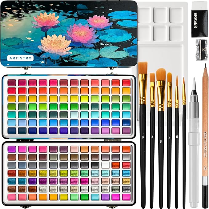 ARTISTRO Deluxe Watercolor Paint Set with 168 Colors – Vivid Colors in a Portable Box – Travel Watercolor Set with Complete Palette