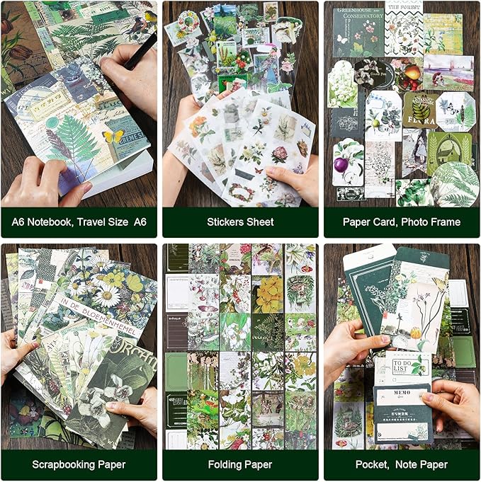 scrapbooking supplies kit, aesthetic junk journaling supplies, scrapbook kit with bullet journaling stickers, stationary set, vintage ephemera collage craft supplies gift for adults women beginner