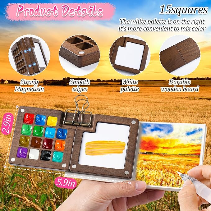 Mini Watercolor Paint Set, 24 Colors Portable Pocket Watercolour Travel Kit with 15 Grid Wood Paint Palette, Sketchbook, Metal Clip, Water Brush for Painters Artists Students