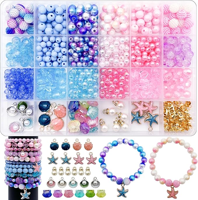 jinnbey ocean series jewelry making looes bead kits, enamel shell starfish pendant bracelet necklace diy crafts material package for bead jewelry enthusiasts,teen gift that stimulate creativity
