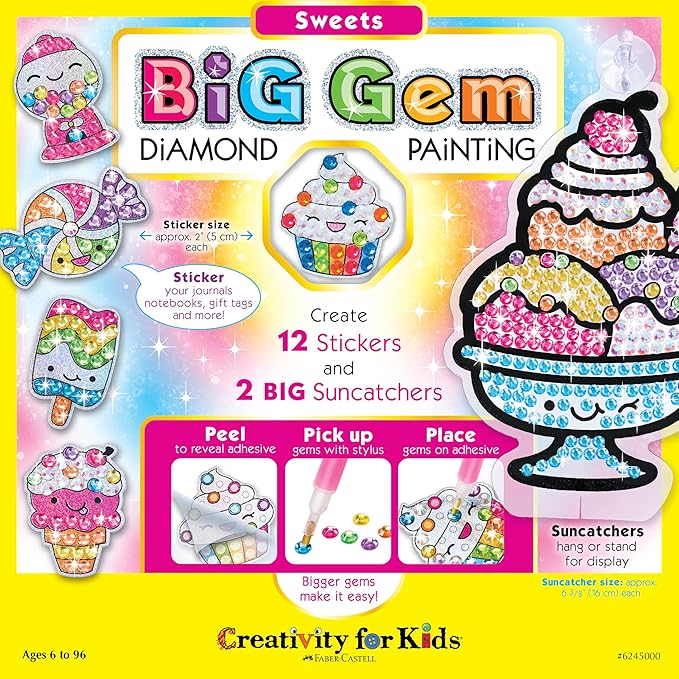 Creativity for Kids Big Gem Diamond Painting Kit: Sweets Stickers and Suncatchers - Diamond Art for Kids, DIY Stickers and Suncatcher Kit for Girls (Ages 6+)