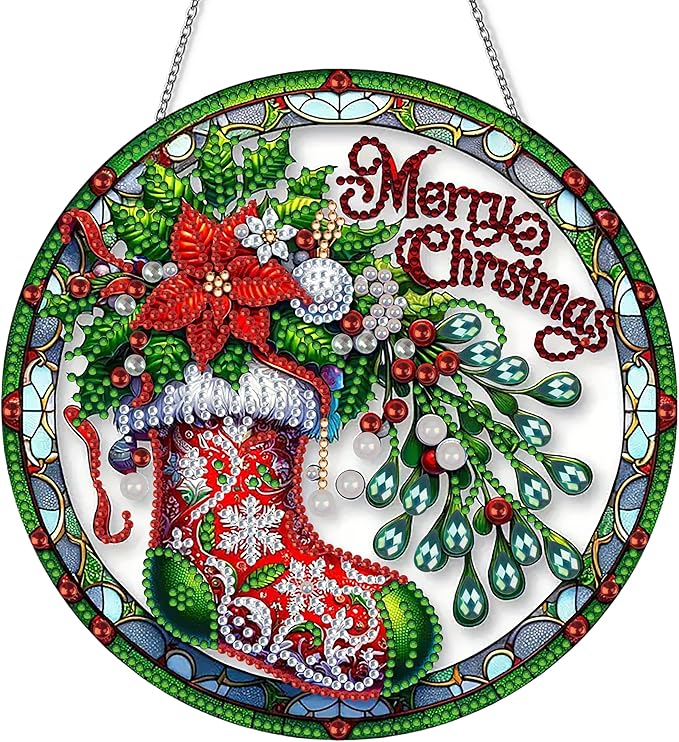 Diamond Art Hanging Kit for Adult,Special Shaped Rhinestone,DIY Acrylic Diamond Art Painting Window Pendants Home Garden Wall Hanging Kits Hanging Ornament,Double Sided. (Christmas Socks-1)