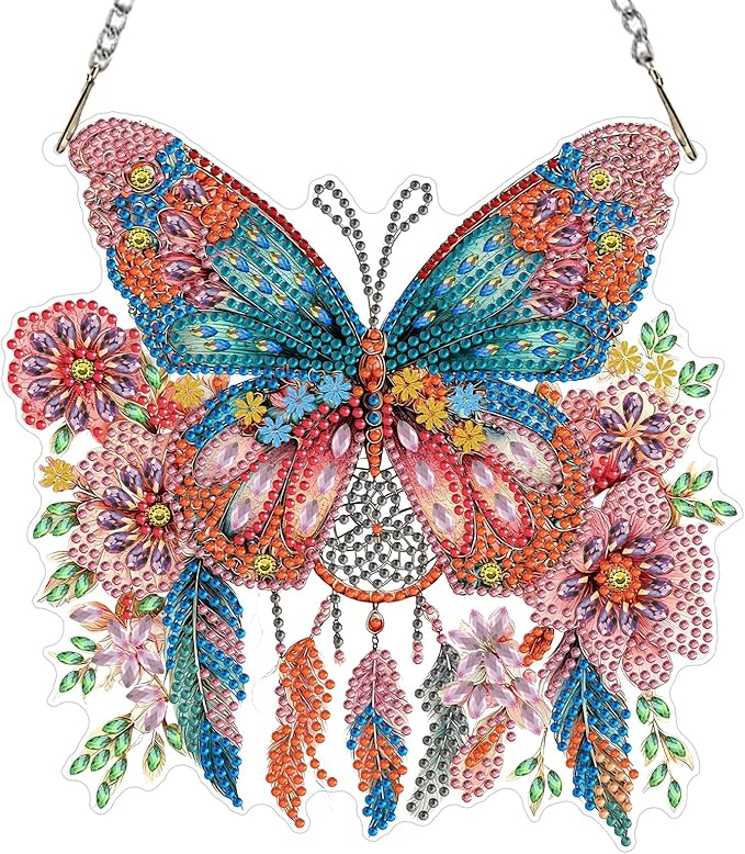 MEIYUDA Butterfly Diamond Art Hanging Kits for Adult, Butterfly Dreamcatcher Diamond Painting Hanging Kits Ornament, DIY Special Shaped Rhinestone Window Pendant Kit for Home Garden Wall Decor Gift