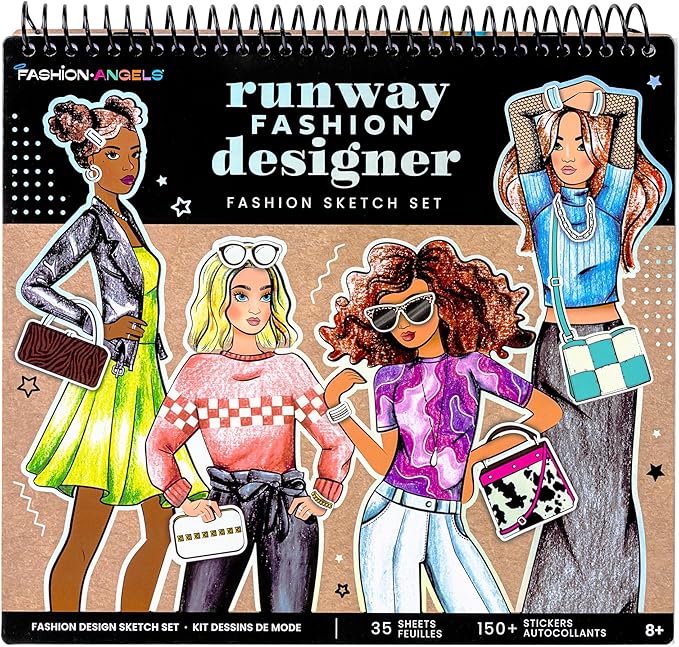 Fashion Angels Fashion Runway Design Portfolio Book, Includes 35 Sketch Sheets with 4 Stencil Pages & 150+ Stickers, Ideal for Kids Ages 8 & Up