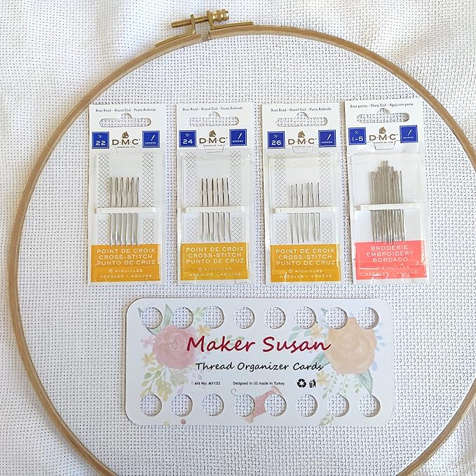 DMC Size 22-24-26 (3 Pack) Cross Stitch Needles Kit, Large Eye Blunt End Needles, DMC Size 1-5 Embroidery Needles with Maker Susan Thread Holder Card (Total 30 Needles, 1 Organizer Card)