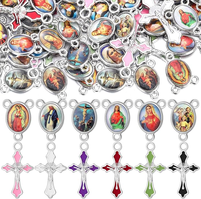 Rosary Making Kits Supplies Cross and Center Medal Charm Alloy Picture Religious Charms Crucifix Pendant for DIY Jewelry Making Prayer Bracelet Necklace Earring