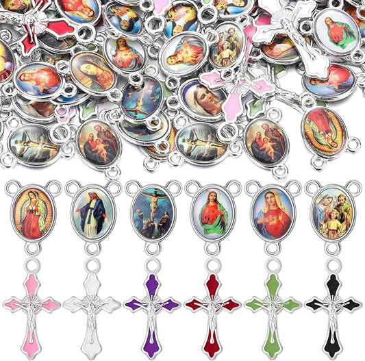 Rosary Making Kits Supplies Cross and Center Medal Charm Alloy Picture Religious Charms Crucifix Pendant for DIY Jewelry Making Prayer Bracelet Necklace Earring