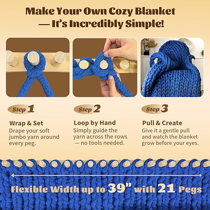 39" Chunky Knitting Blanket Loom - Adjustable Length & Portable Wooden Weaving Loom, for Making Large Blankets and Scarves