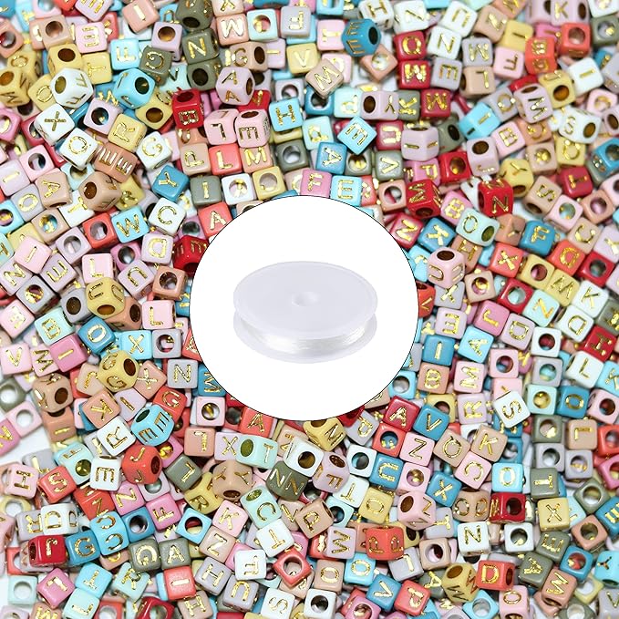 Letter Beads, Augshy 1400 Pcs Morandi Cube Alphabet Bead,Square Letter Beads with 1 Roll 10M Crystal String Cord (6mm)