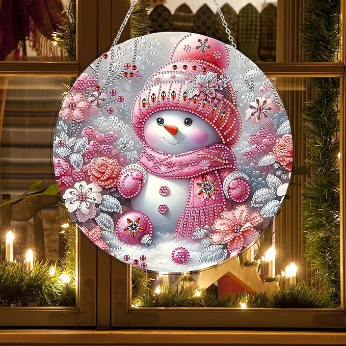 JJFox Diamond Art Hanging Kit for Adult,Special Shaped Rhinestone,Double Sided DIY Acrylic 5D Diamond Art Painting Window Pendants Home Garden Wall Hanging Kits Hanging Ornament (Christmas Snowman-2)