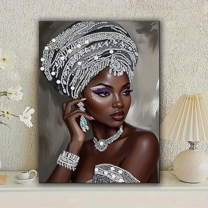 African Woman Diamond Art Kits for Adults,5D Partial DIY Diamond Painting kit for Beginners,Special Shaped Diamond Art,Sparkling gem Art,Diamond Mosaic Embroidery,wall Art Home Decor,11.81x15.7inch