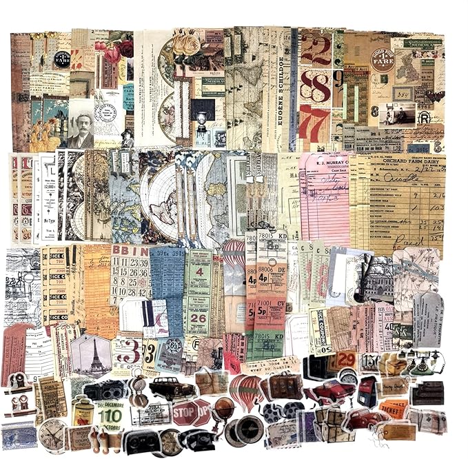 Esweny 200 Pieces Vintage Ephemera Scrapbooking Supplies Pack for Journaling, Decoupage Paper Scrapbook Stickers Kit for Junk Journal Planners Collage Craft Notebooks Album (Word Memory)