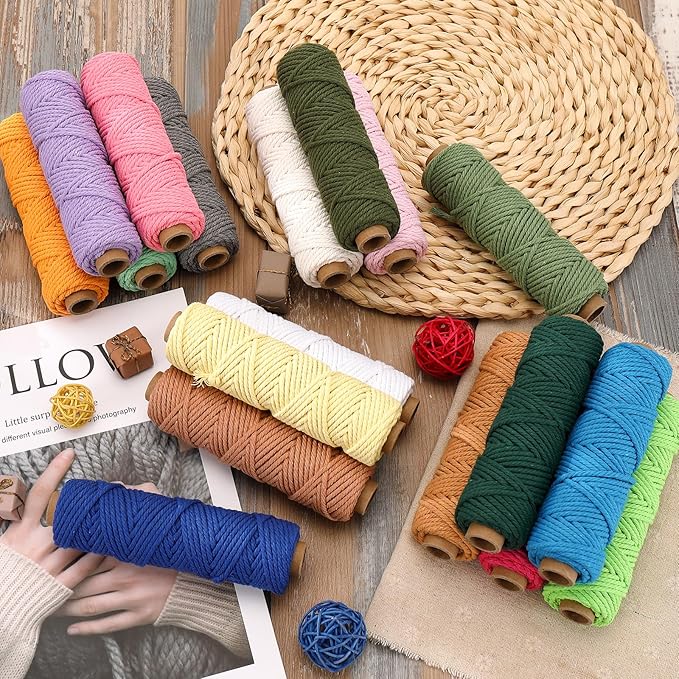18 Rolls Macrame Cord 3mm x 594 Yards – Natural Colored Macrame Cotton Cord Rope Kit, 4 Strand Twisted Color Variety Yarn String for Wall Hanger, Plant Hanging, DIY Knitting, Macrame Supplies