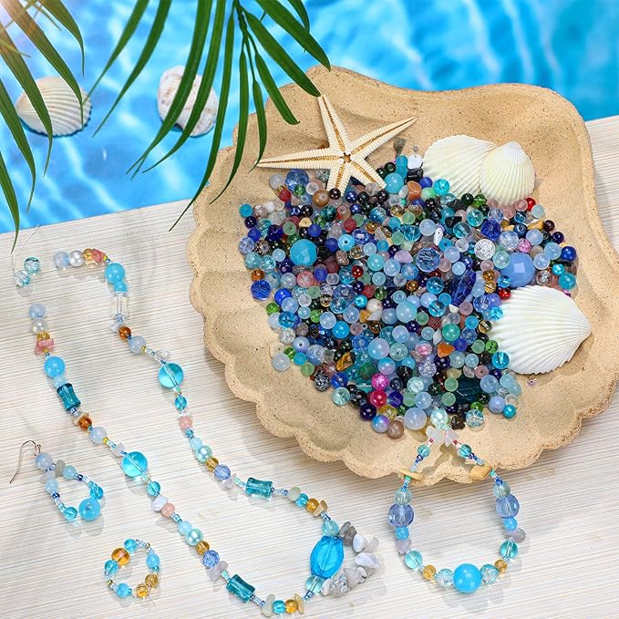 Sureio 1300 Pcs Assorted Glass Beads for Jewelry Making, About 0. 9 Pounds Multicolor Crystal Stone Beads Bulk, 5-13mm DIY Lamp Work Arts and Crafts Decorative Hobby Artistry Making Supply(Ocean Blue)