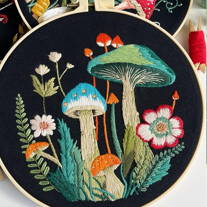 Myfelicity Embroidery Kit with Mushroom Patterns, 3 Hoops, Fabric, Threads, Needles, Instructions (red)