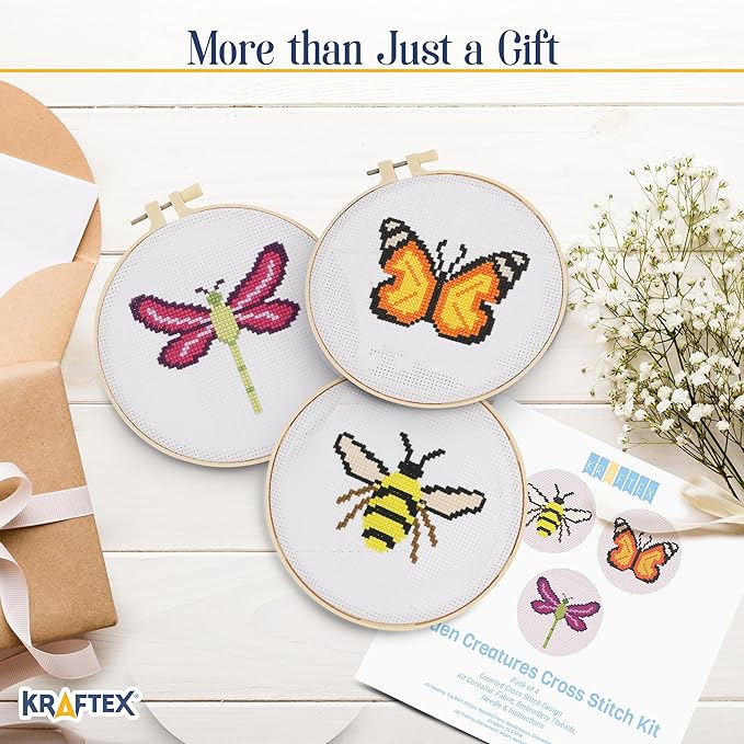 kraftex floral stamped cross stitch kits for beginners - 3 pack. diy embroidery needlepoint patterns for adults. easy cross stitch kits for beginners (garden creatures)