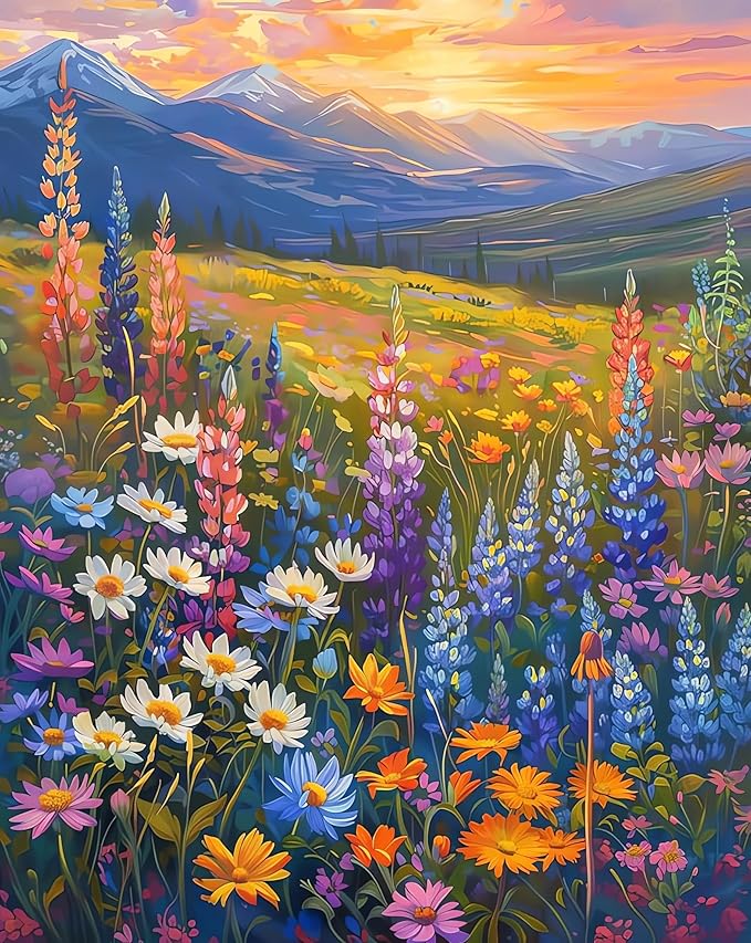 EIBEILI Diamond Art Kits for Adults, Snowy Mountains and sea of Flowers Diamond Painting Kits for Beginner Round 5D Full Drill Diamond Dots Crafts for Home Wall Decor Gifts 12x16 Inch
