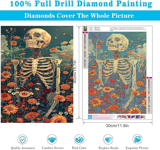 Meothan Diamond Art Kits for Adults, 5D DIY Skull Flowers Diamond Painting Kits for Beginners, Diamond Dots Gem Arts Crafts Kits for Living Room Bedroom Home Wall Decor Offices12X16 Inch