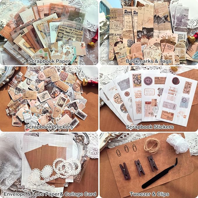 Flartmo 284 Pcs Complete Scrapbook Supplies Kit, Vintage Old Times Scrapbook Paper & Stickers, Junk Journal Scrapbooking Supplies Kit for Journaling, Scrapbooking Embellishments, Planner, Card