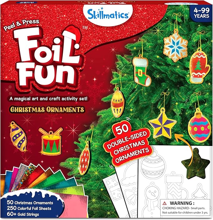 skillmatics foil fun - christmas ornaments, mess free art for kids, festive holiday craft kits, diy decor creative activity, gifts for girls & boys ages 4, 5, 6, 7, 8, 9, and up
