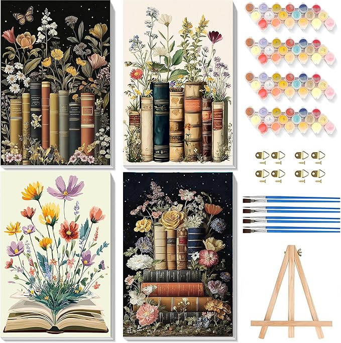 4 Pack Paint by Numbers for Adults with Framed Canvas - with Wooden Easel, Book Paint by Number for Beginners, Flowers Acrylic Oil Painting on Canvas with Brushes for Home Wall Decor (8x12 inch)