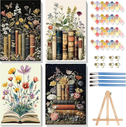 4 Pack Paint by Numbers for Adults with Framed Canvas - with Wooden Easel, Book Paint by Number for Beginners, Flowers Acrylic Oil Painting on Canvas with Brushes for Home Wall Decor (8x12 inch)