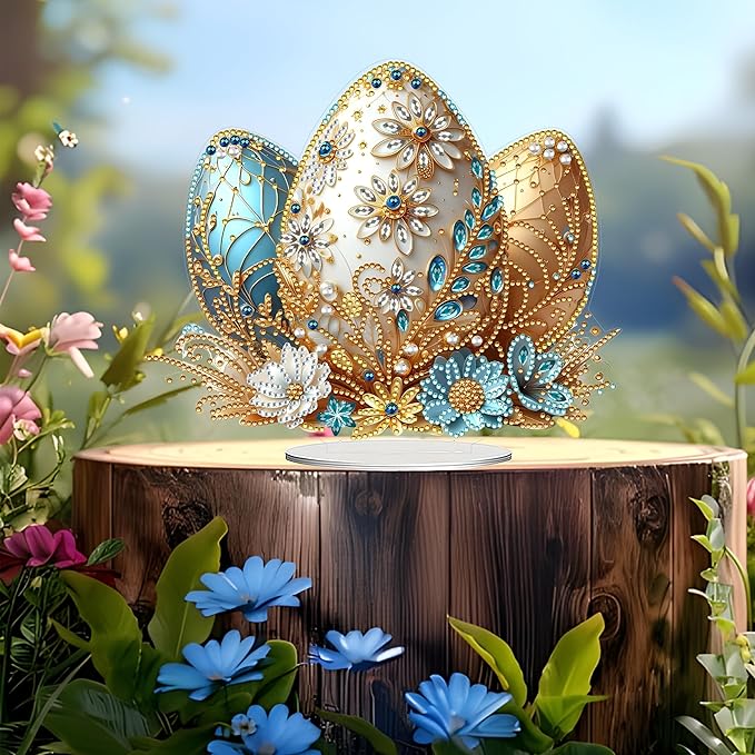 JJFox DIY Tabletop Diamond Art Painting Kit，Desktop Ornament Special Shaped Rhinestone Desk Placement Ornament，Home Stand Up Gem Painting Craft Kit Gift Double Sided (Easter Egg-2)