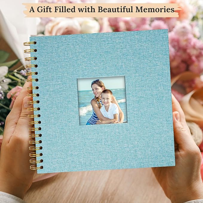 Scrapbook Photo Album Linen Cover, 8 x 8 Inch Hardcover Kraft White Pages Memory Book, for Travel Wedding Guest Book Christmas Baby Shower (20 Sheets/ 40 Pages,Light Blue)