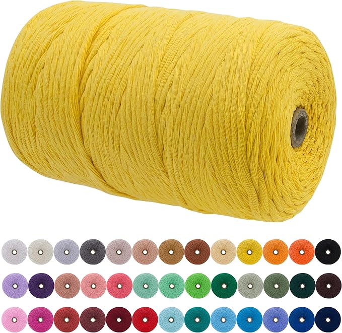 JeogYong Single Strand Macrame Cord 3mm x 218 Yards (656 Feet) Soft Cotton Rope Macrame Yarn 3 mm Macrame Cord, Macrame Supplies for Crafts Wall Hangings Plant Hangers Decorations (Lemon Yellow)